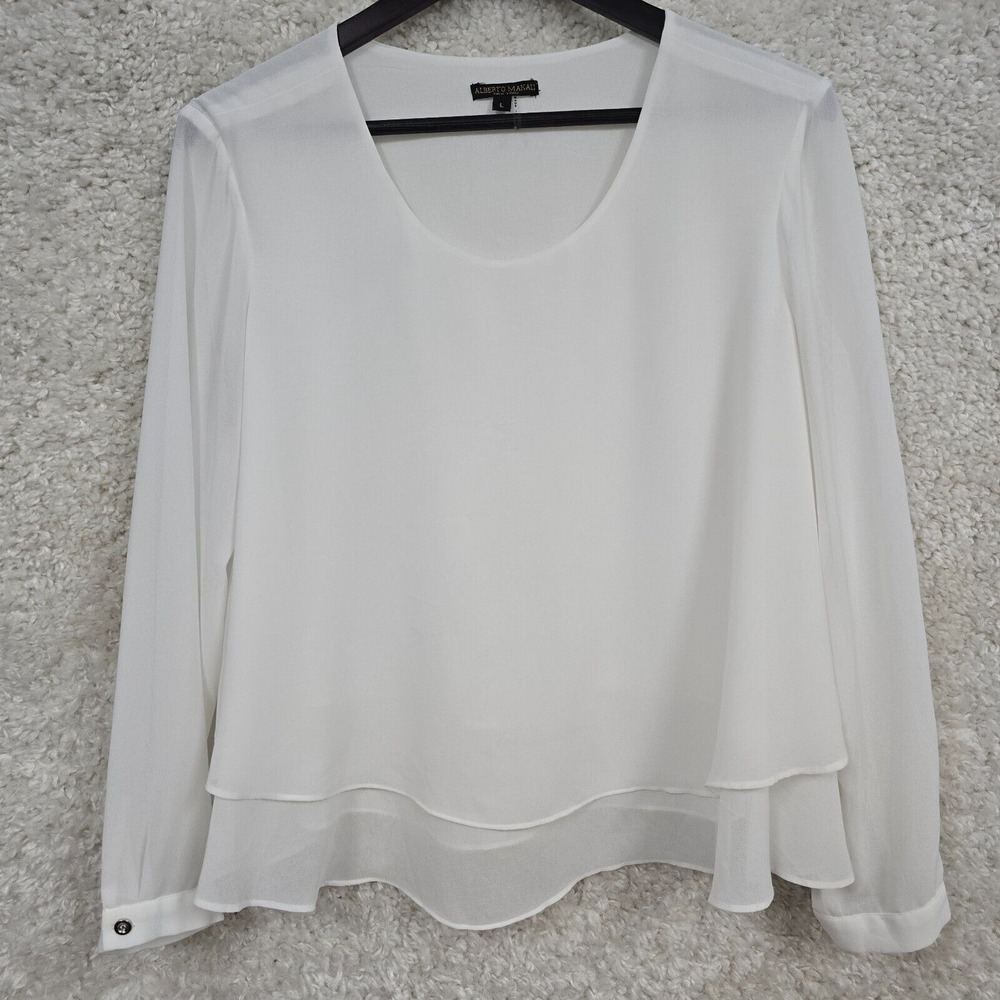 Alberto Makali Womens White Layered Blouse Long Sleeve Pullover Size L Elegant